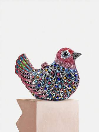 多色水钻鸟/鸽子形状女士手拿包，奢华设计师水晶链条晚宴包，全手工钻石女士婚礼新娘手提包，舞会和派对活动手提包，最佳礼品盒