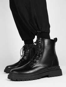男士黑色休闲摩托车皮靴，系带设计，防滑，增高，适合秋季、青少年及年轻成人穿着，休闲百搭，四季皆宜 - 多色 - 查看 7