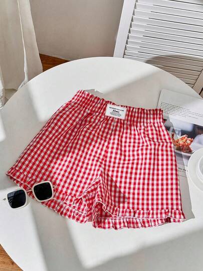 Mujeres casual rojo cuadro Ruffle Hem pantalones cortos, adecuados para verano rojo Gingham pantalones cortos adecuados para salir