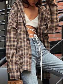 Damen Lässiges, weites kariertes Hemd mit Tasche, klassisches Karomuster, oversized Passform, modisch und vielseitig, geeignet für Lässig, Schule, Straße, Party Anlässe, maschinenwaschbar