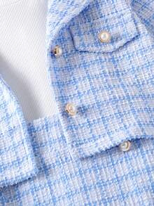 3pcs Girls Elegant School Style Patterned Long Sleeve Jacket, Long Sleeve Top, Pleated Skirt Set, Spring/Autumn - Baby Blue - View 7