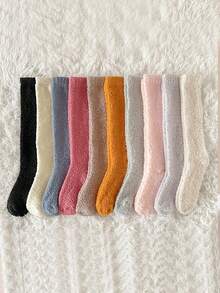 3 Pairs Women's Warm Knee-High Socks, Solid Color Coral Thermal Lined, Thick & Heat Retaining, Soft & Skin-Friendly House Socks For Winter