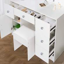 Tocador blanco de 6 cajones con espejo LED y taburete para dormitorio - Perfect For Organizing Makeup, Skincare, Elegant Vanity|Decorative Vanity, Vanity Furniture, Compact For Small Space, Bedroom Decor Gift, Perfect Gift For Women Girls , Ideal para regalos de Navidad y Halloween. - Blanco - Ver 7