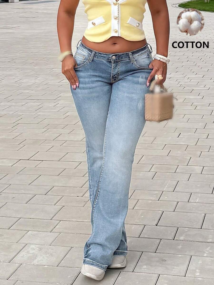 2025 Minimalist Stylish Women's Slim Fit Casual Flare Leg Long Jeans - Light Wash - View 1