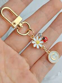 1pc Unisex A-Z Letter Stainless Steel Keychain, Minimalist Letter, Flower, Ladybug Design, Gift For Friends, Bag Pendant - Multicolor - View 29