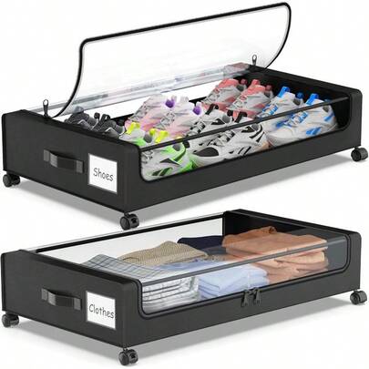 Under Bed Storage With Wheels, 2-Pack Underbed Storage Containers With Clear Lids, Under Bed Shoe Storage Organizer, Rolling Under The Bed Storage Bins For Clothes Shoes Blankets (Black)