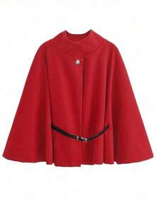 Manteau poncho ample en laine mélangée pour femmes, col montant, manches courtes, avec ceinture, élégant, pour l'hiver - rouge vif - Voir 4