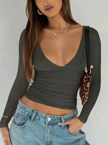 时尚性感V领修身长袖紧身衣，Y2K风格，适合春夏穿着 - 灰色 - 查看 1