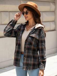 Áo khoác nhẹ có mũ kẻ caro dành cho nữ, Xuân/Thu - màu đen - Xem 5