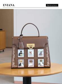 2025新款时尚女士手提包，小众设计单肩托特包，奢华大容量通勤公文包，卡通猫咪印花手提包，百搭休闲单肩包 - 彩色 - 查看 17