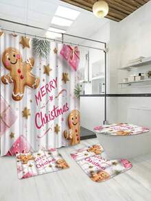 1 Piece/4 Pieces Christmas Scene Winter Decor, Pink Gingerbread Man, Snowflake, Christmas Shower Curtain, Modern Personalized Bathroom Christmas Decor, Waterproof Fabric Shower Curtain Set With 12 Hooks, Non-Slip Bathroom Rug, U-Shaped Toilet Mat, Toilet Lid Cover, Christmas Home Decor. Bathroom Decor