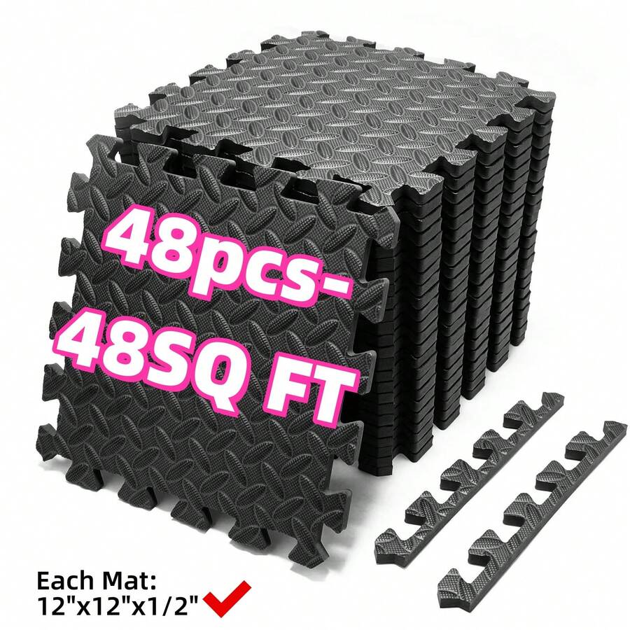 48-Pack EVA Foam Interlocking Mats, Black/Gray Gym Puzzle Tiles, Home Workout Floor Protector, 12.2 X 12.2 X 0.5Inch - 黑色 - 查看 1