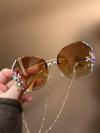 1 件复古无框多边形水钻装饰女士时尚眼镜，配金链，优雅时尚，适合派对、时装秀、街头摄影、沙滩配饰、休闲日常穿着