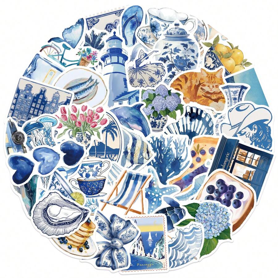 50 件蓝色卡通 Ins 风格贴纸美观乙烯基贴纸贴花剪贴簿、日记本、笔记本电脑、保险杠、滑板、水瓶、电脑、手机 - 彩色 - 查看 1