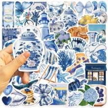 50 件蓝色卡通 Ins 风格贴纸美观乙烯基贴纸贴花剪贴簿、日记本、笔记本电脑、保险杠、滑板、水瓶、电脑、手机 - 彩色 - 查看 6