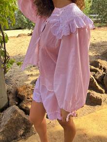 Womens Casual 2 Piece Outfits Long Sleeve Doll Collar Blouse Tops + Shorts Set Loungewear - 粉色 - 查看 6