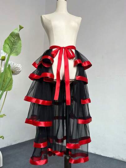 5-Layer 60cm Tulle Skirt, Black With Red Mesh Trim, French Detachable Layered Tulle Skirt, Gothic Style, Elastic Waist With Trailing, Sheer Overlay Petticoat Skirt, Cute Multilayer Tulle Skirt, Suitable For Wedding, Party, Performance, Photoshoot, Cosplay, Halloween