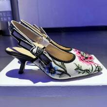 Rose Embroidery L Sandals Women 2025 New Bow Cat Heel Baotou Knitted Fabric High Heels