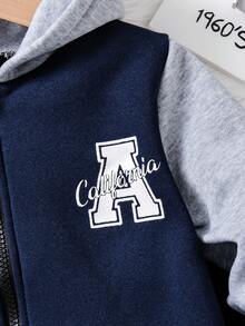 2 piezas Conjunto de estilo deportivo para niños pequeños, chaqueta con cremallera con capucha en parches azul marino y gris + pantalones casuales de unicolor con estampado de letras, otoño/invierno - Azul Marino - Ver 4