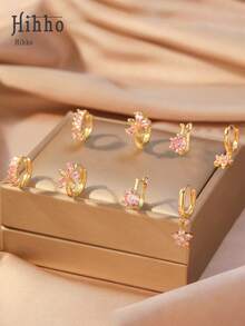 Hihho 8 件时尚简约闪亮粉色方晶锆石花朵耳环套装，5 瓣花朵设计搭配经典单颗锆石圈形耳环，女士奢华珠宝礼品套装 - 粉色 - 查看 2