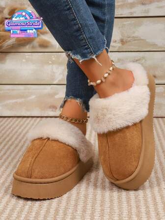 Enfärgade platta snöstövlar för kvinnor, extremt mjukt och bekvämt foder, slip-on-design utan rygg, kan bäras som tofflor hemma