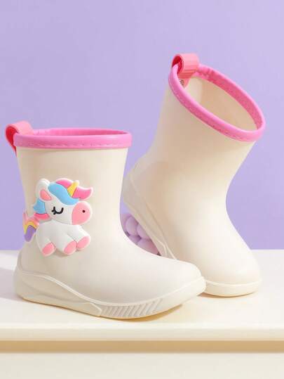 2025 New Children's Mid-Calf Rain Boots, Thick Warm Durable Rubber Boots With Cute Cartoon Unicorn & Rainbow Trim, High-End Rubber Shoes For Girls, Elementary School Students, Fresh Style Mid-Calf Rain Boots