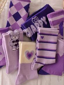 5 pares de calcetines de media caña de colores aleatorios para mujer, calcetines largos tipo tubo con estampado lindo de osos y letras, adecuados para uso diario en primavera y otoño - Multicolor - Ver 3