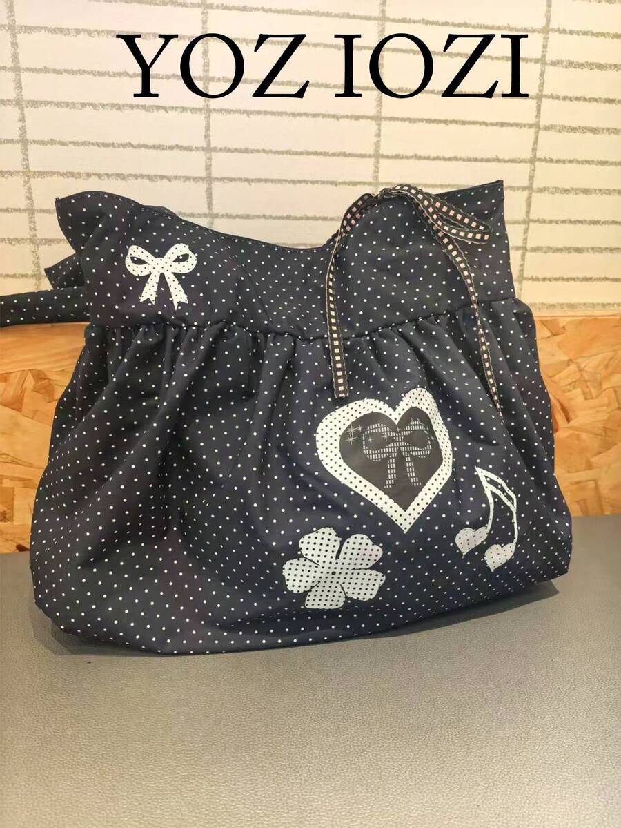 Borsa a tracolla in stile coreano in tela a pois, borsa da pendolare pieghevole di grande capacità per studenti universitari, borsa a spalla con design a nuvola con fiocco a balze