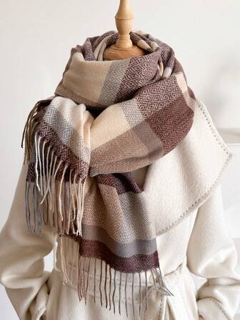1pc Fall Winter Women Elegant Vintage Multi Color Plaid Stripe Jacquard Faux Cashmere Scarf/Shawl,With Tassels, Winter Warm Casual Thick Style Neck Scarf For Dress