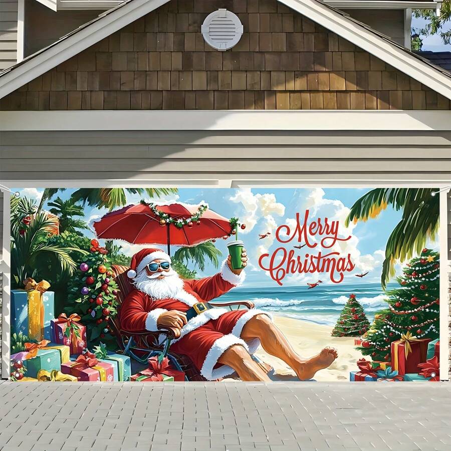 1pc Merry Christmas Garage Banner - Coastal Santa Claus And Beach Wave Design, Perfect For Outdoor Festival Decoration