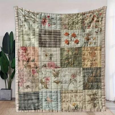 1pc Vintage Floral Plaid Flannel Blanket - Soft Lightweight All Season Bed & Travel Throw, Gentle Floral And Patchwork Design, Machine Washable Cozy Blanket, Suitable For Home Decor, Camping, Gift For Family And Friends