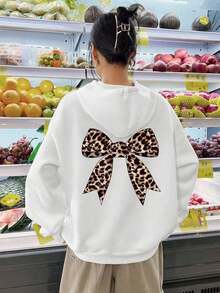 Winter Clothes For WomenCasual Simple Leopard Print Bow Sweatshirt, White Long Sleeve Oversized Hoodie For Women, Thick Plush For Fall/Winter,Long Sleeve Tops Autumn And WinterLoose And Comfortablesudaderas De Mujer - 黑色 - 查看 9