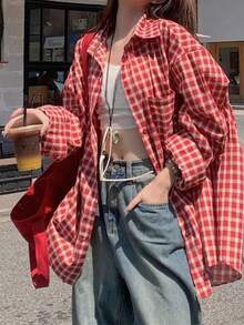 Casual Versatile Red Plaid Shirt, Houndstooth Pattern Front Button Pockets - Redwood - View 2