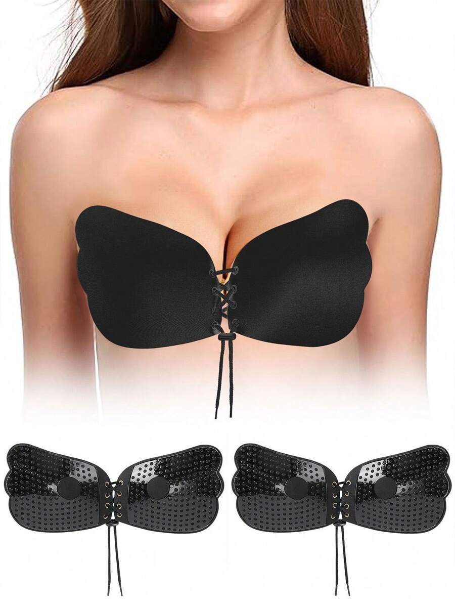 2 Pairs Women's Strapless Sticky Bra Backless Self Adhesive Invisible Bras Lift Silicone Strong Stickiness Wedding Push UP Bras For Backless Wireless Evening Dresses - 黑色+黑色 - 查看 1