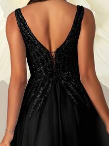 VIPGIRL Đầm dạ hội maxi đen cổ chữ V xẻ cao đính sequin xuyên thấu, đầm dự tiệc sang trọng thanh lịch dành cho nữ, đầm dự tiệc, đầm dài nữ, đầm maxi, đầm dạ hội, đầm dự đám cưới, đầm trang trọng mùa xuân - màu đen - Xem 9