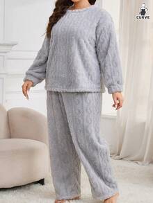 Plus Size Women Plush Jacquard Thermal Lined Warm Sleepwear Set, Autumn/Winter, Fall Clothes, Cozy Outfit, Fluffy Pajama - Grey - View 3