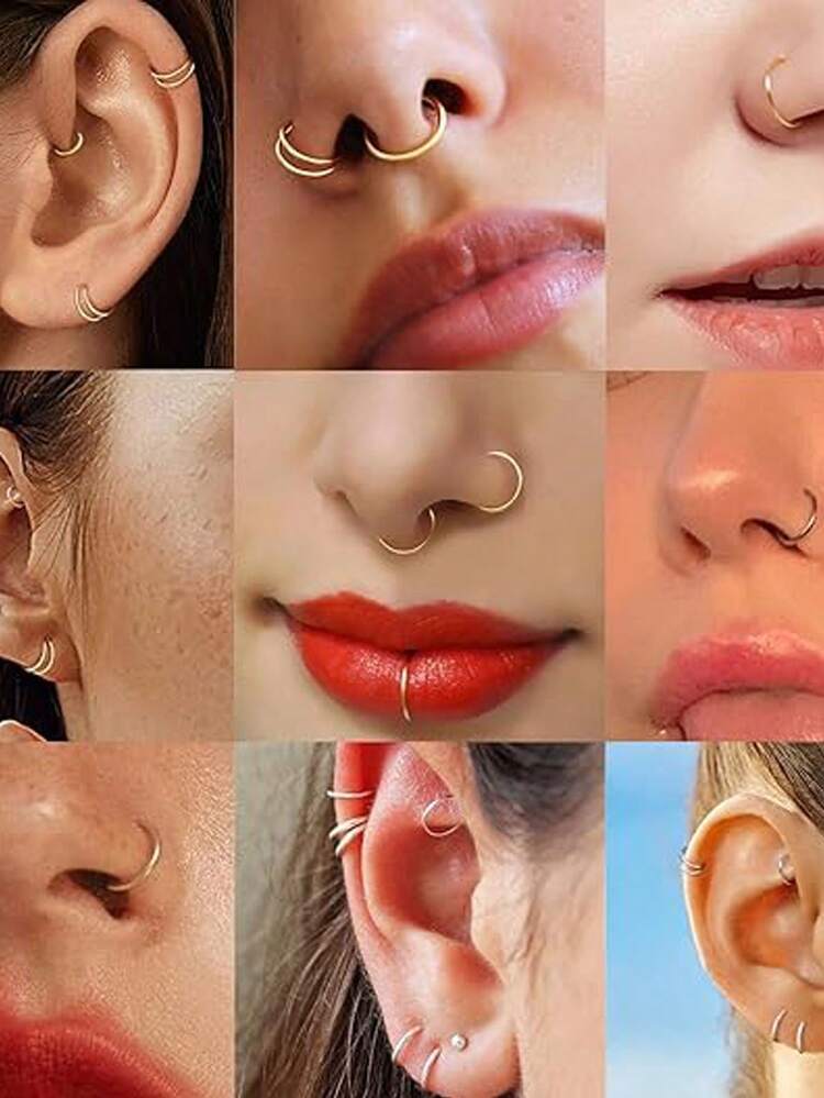 18G 鼻环圈，男女款 316L 医用不锈钢铰链鼻中隔环圈，适用于软骨耳屏海螺耳轮耳甲唇穿孔饰品，银金圈 6/8/10/12 毫米 - 4pcs Nose Hoop Rings - 查看 6