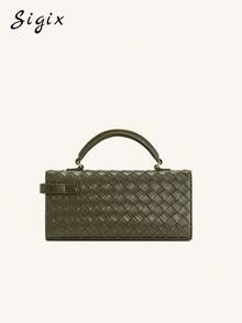 时尚小众设计编织手提包，法式优雅休闲方形单肩包，适合婚礼、派对、女士 - 綠色 - 查看 2