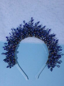 1件水晶紫色发箍公主生日皇冠，深色正式礼服哥特式头饰，新娘水钻婚礼发饰，节日派对珠宝情人节配饰 - 寶藍色 - 查看 2