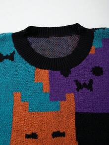 ANDREILEE Casual Loose Fit Pullover Sweater With Cute Cat Intarsia Pattern, Suitable For Spring, Autumn, Winter, Unisex European And American Style - Black - View 5