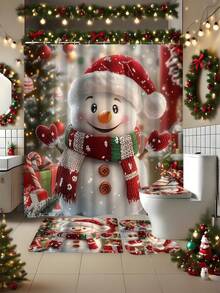 1/4 Piece Snowman Shower Curtain Set - White And Red, With Bathroom Mat And Hooks - Suitable For Christmas Bathroom Decor - Adds Holiday Atmosphere To Your Bathroom - Brings Festive Vibe To Your Shower Area