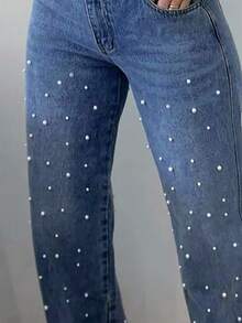 Women's Casual High Stretch Denim Jeans With Beaded Details, Long Straight Leg Design