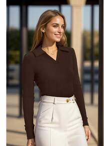 WIHOLL Womens Polo Shirts Long Sleeve Business Casual Tops Collared V Neck Ribbed Knit Sweater Slim Fit Blouses Halloween Christmas New Year - 杏色 - 查看 7