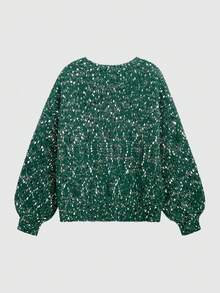 Women's Casual Colorblock Round Neck Long Sleeve Flare Cuff Sweater, Autumn/Winter - Dark Green - View 6