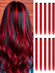 10片彩色夹式合成假发片，20英寸直发，万圣节派对圣诞节新年礼物，适合女性、儿童和女孩，红色