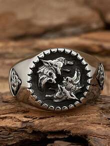 European And American Fashion Personalized Double Wolf Head Stainless Steel Ring, Unisex US Size, 1PC, Suitable For Boyfriend, Friend, Couples, Couple Wear - Twin Wolves - View 3