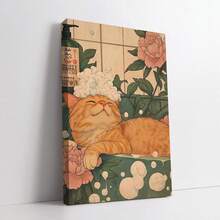 1幅12x16英寸无框帆布海报 - 可爱的橘色虎斑猫在浴缸里放松，搭配日式花卉图案，是浴室、卧室、厨房、客厅、办公室或咖啡馆的完美墙面装饰，也是送给爱猫人士的绝佳礼物。浴室装饰 | 猫咪插画 | 精细的毛发纹理，猫咪主题秋季装饰 - 彩色 - 查看 15