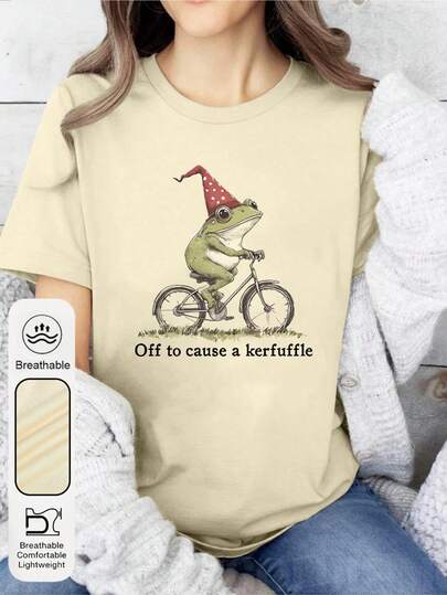 Women's Summer Troublesome Frog Pattern Print Round Neck Short Sleeve Simple Casual Daily Plus Size Washed T-Shirt Top, Animal Print Women's Top, Frog Pattern Print Women's Summer Wear, Bicycle Pattern Print Summer Top