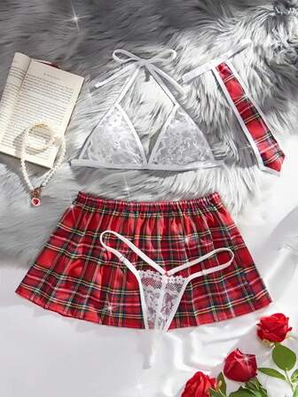 性感格子制服套装，含花蕾丝胸罩、丁字裤、裙子和领带 - 女士性感服装