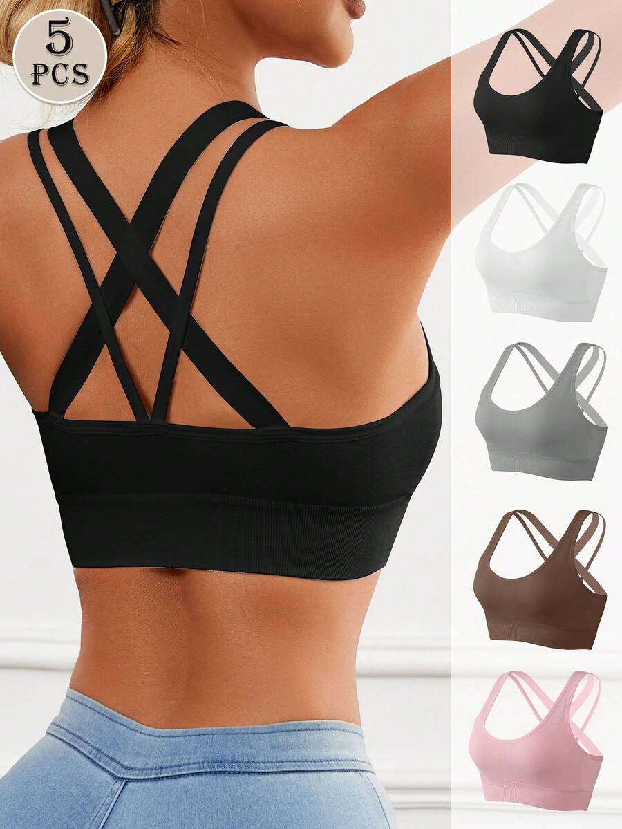 5pcs Solid Color Seamless Criss-Cross Back Sports Bras, Padded Wireless Women's Bras, Skin-Friendly Breathable Comfortable Sexy Ladies Bras & Lingerie